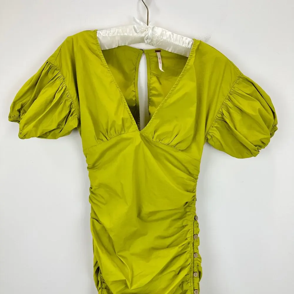 Free People Tastemaker Mini Dress Cotton Ruched Pleated Puff Sleeve Green XS